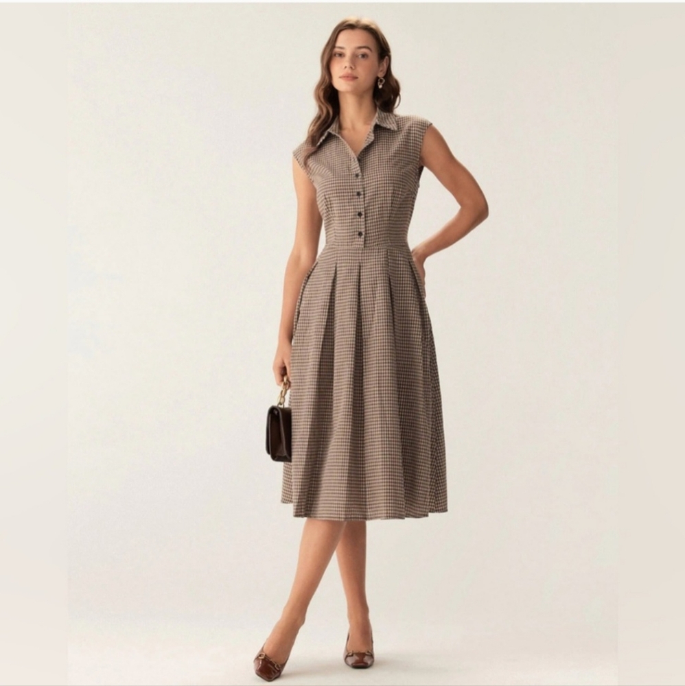 NWT Rihoas Brown Plaid Button Pleated Midi Dress - Picture 7 of 17